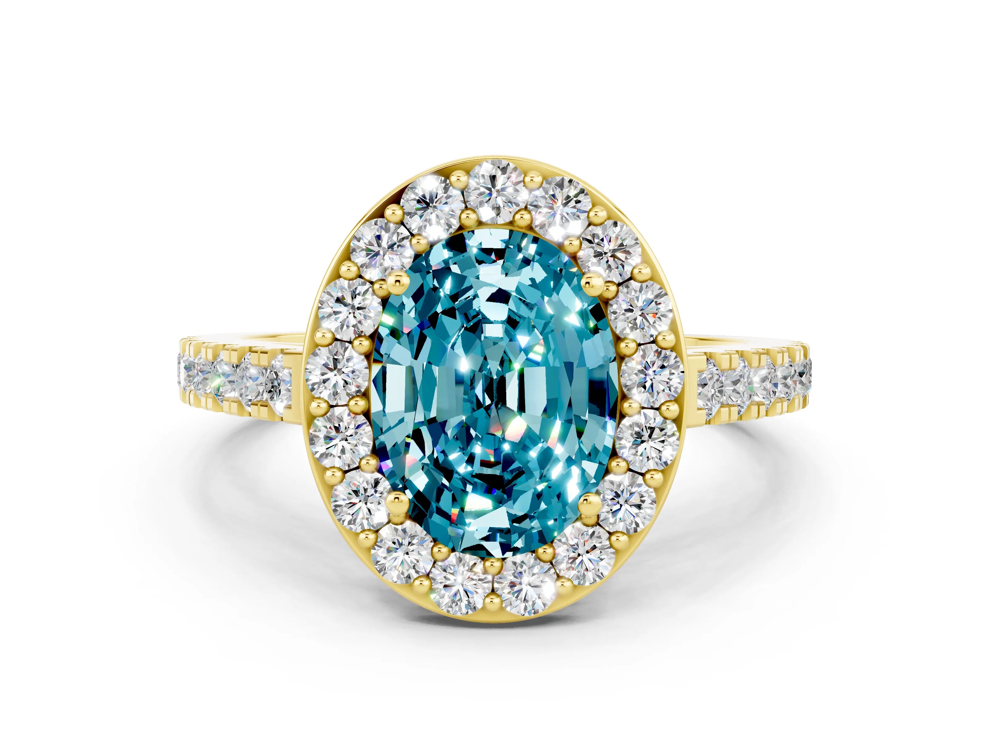 Yellow gold Oval Cut Halo Diamond Ring with Pavé Band and Three-Prong Setting