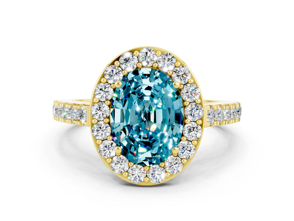 Yellow gold Oval Cut Halo Diamond Ring with Pavé Band and Three-Prong Setting