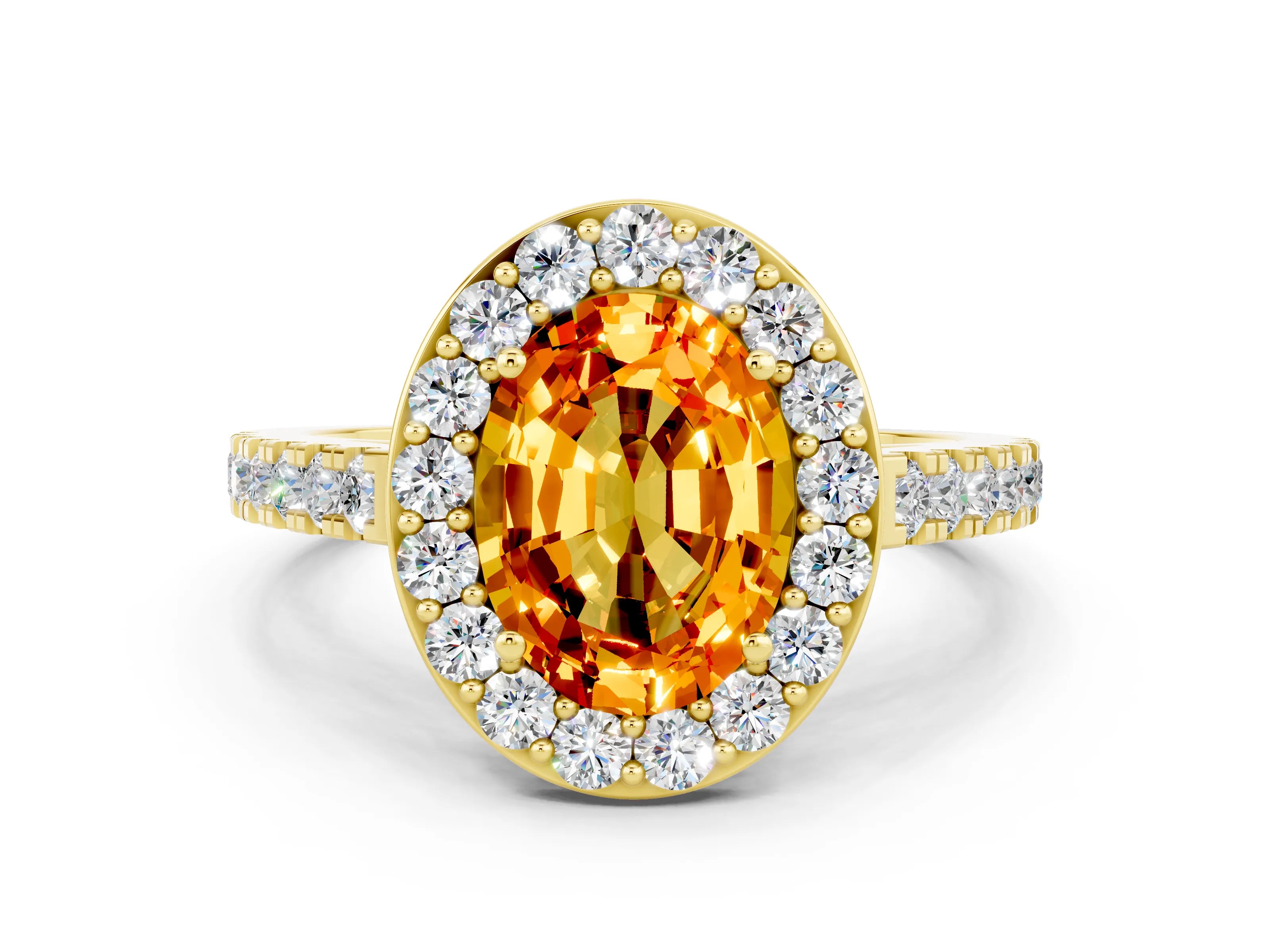 Yellow gold Oval Cut Halo Diamond Ring with Pavé Band and Three-Prong Setting