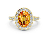 Yellow gold Oval Cut Halo Diamond Ring with Pavé Band and Three-Prong Setting