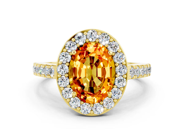 Yellow gold Oval Cut Citrine Halo Ring with Round Pavé Split Shank and Prong Setting