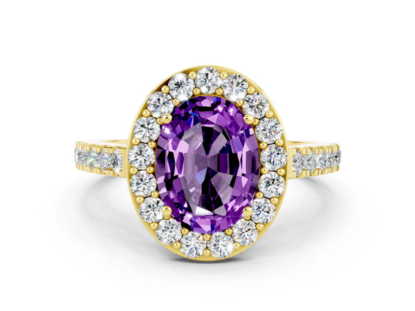 Yellow gold Oval Cut Amethyst Halo Ring with Round Pavé Split Shank and Prong Setting