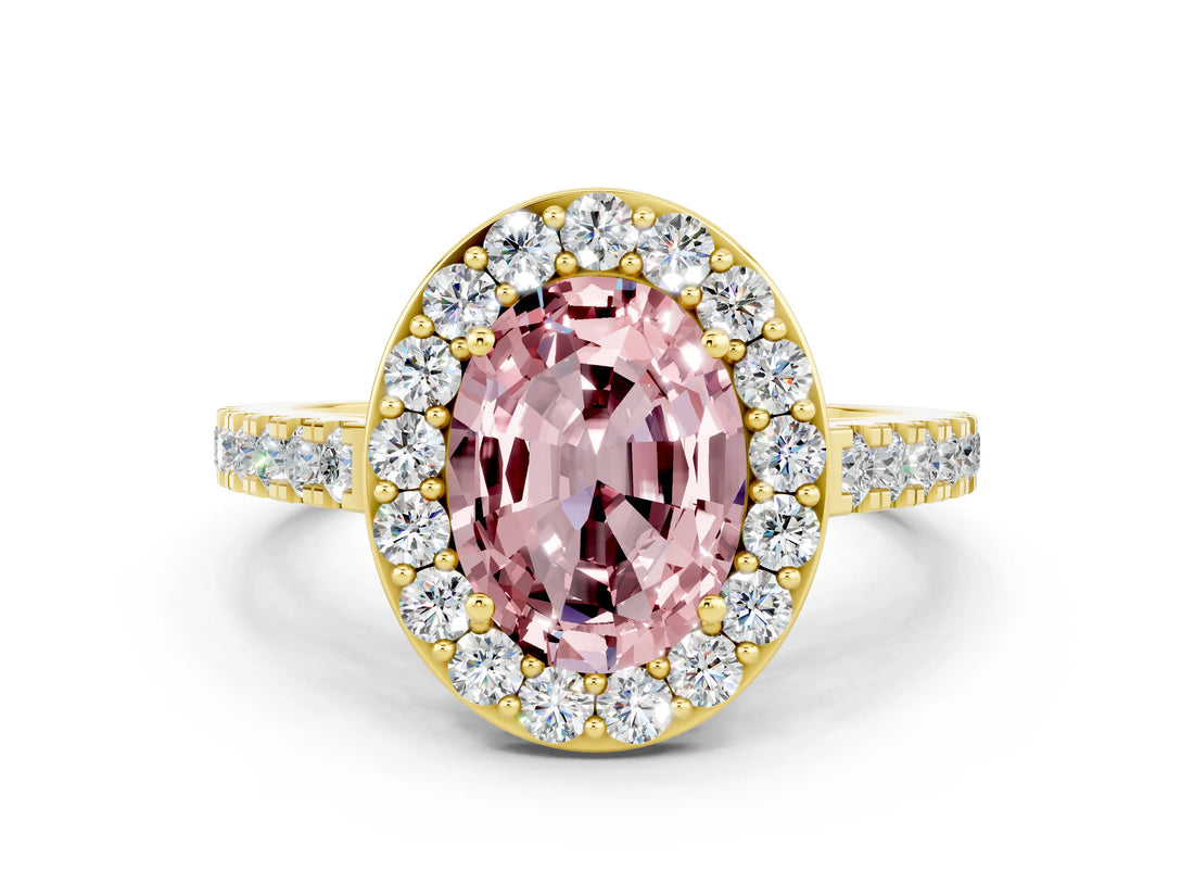 Yellow gold Oval Cut Halo Diamond Ring with Pavé Band and Three-Prong Setting