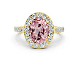 Yellow gold Oval Cut Halo Diamond Ring with Pavé Band and Three-Prong Setting