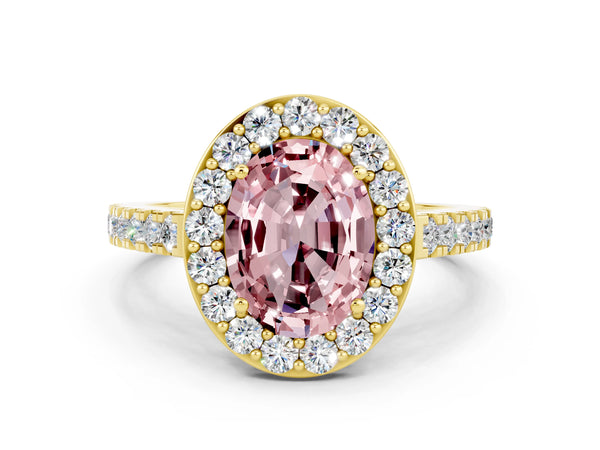 Yellow gold Oval Cut Halo Diamond Ring with Pavé Band and Three-Prong Setting