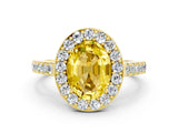 Yellow gold Oval Cut Halo Diamond Ring with Pavé Band and Three-Prong Setting
