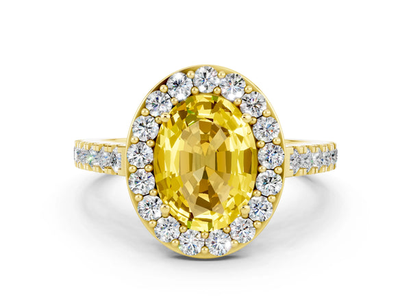 Yellow gold Oval Cut Yellow Sapphire Halo Ring with Round Pavé Split Shank and Prong Setting