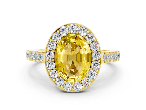Yellow gold Oval Cut Halo Diamond Ring with Pavé Band and Three-Prong Setting
