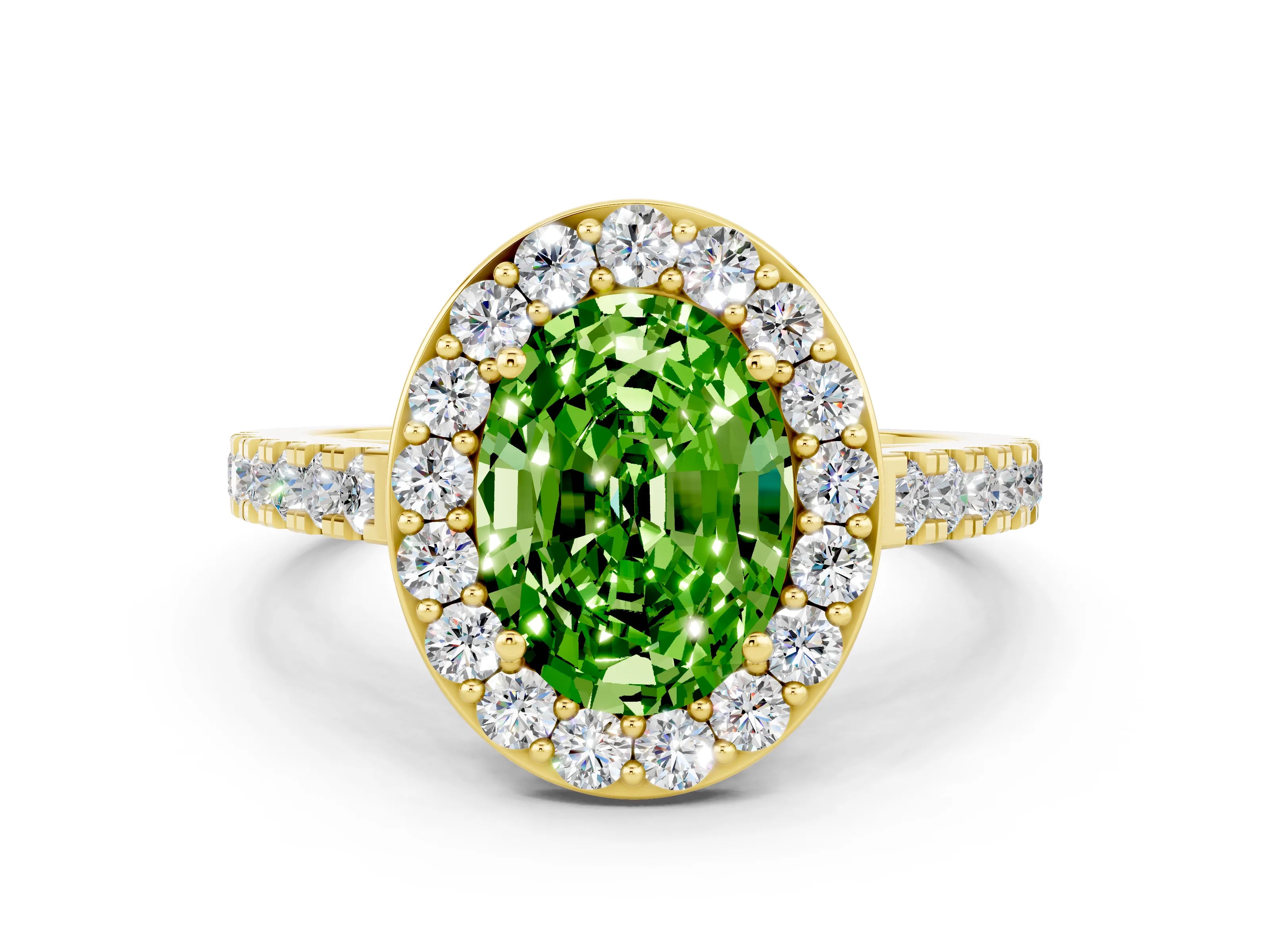 Yellow gold Oval Cut Halo Diamond Ring with Pavé Band and Three-Prong Setting