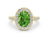 Yellow gold Oval Cut Halo Diamond Ring with Pavé Band and Three-Prong Setting