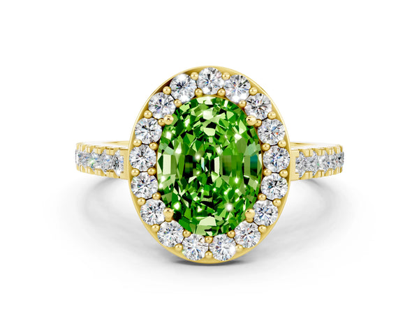 Yellow gold Oval Cut Halo Diamond Ring with Pavé Band and Three-Prong Setting