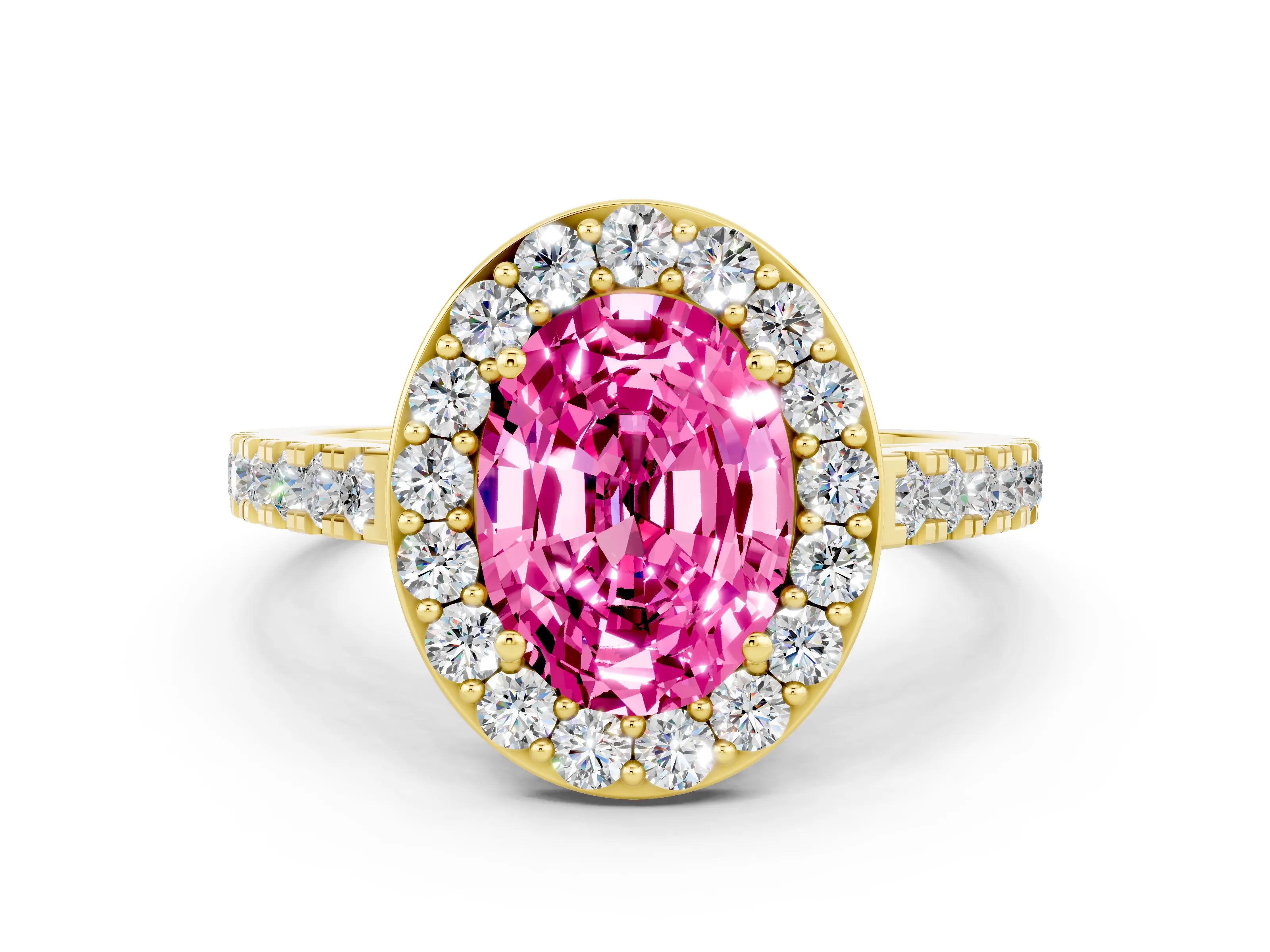 Yellow gold Oval Cut Halo Diamond Ring with Pavé Band and Three-Prong Setting