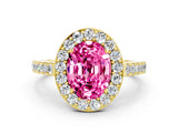 Yellow gold Oval Cut Halo Diamond Ring with Pavé Band and Three-Prong Setting