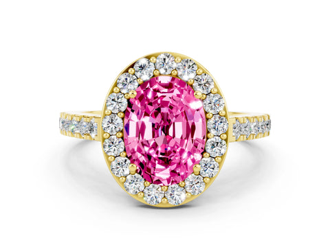 Yellow gold Oval Cut Halo Diamond Ring with Pavé Band and Three-Prong Setting