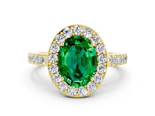 Yellow gold Oval Cut Emerald Halo Ring with Round Pavé Split Shank and Prong Setting