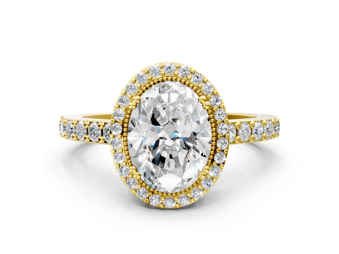 Yellow gold Oval Cut Halo Diamond Ring with Pave Band and Four-Prong Setting_41