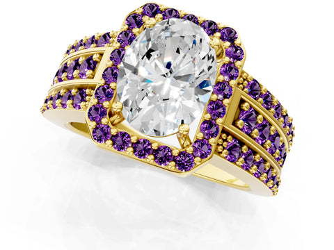 Yellow gold Oval Cut Halo Diamond Ring with Round with Amethyst side stone Split Shank and Prong Setting_1