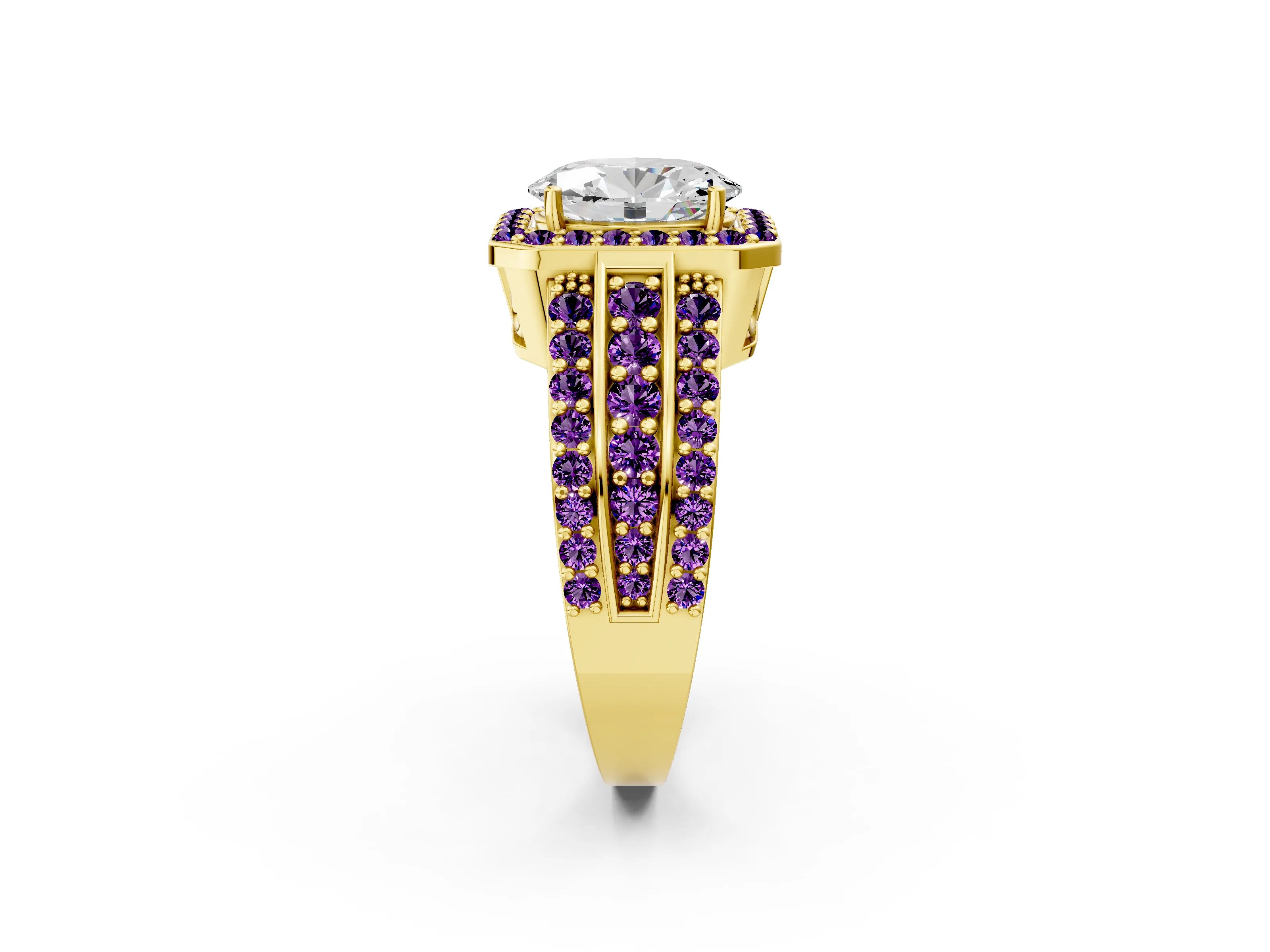 Yellow gold Oval Cut Halo Diamond Ring with Round with Amethyst side stone Split Shank and Prong Setting_2