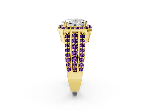 Yellow gold Oval Cut Halo Diamond Ring with Round with Amethyst side stone Split Shank and Prong Setting_2