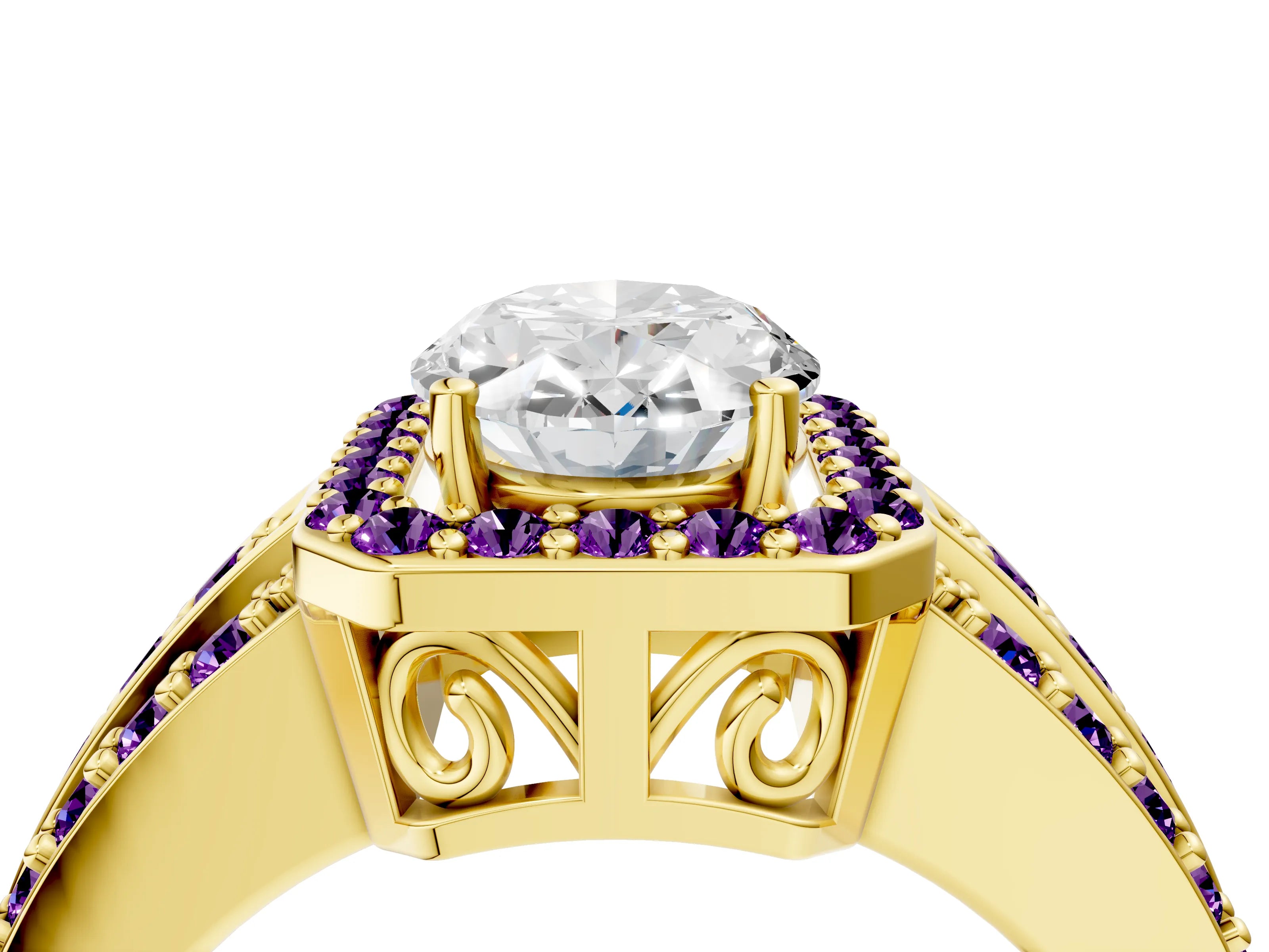 Yellow gold Oval Cut Halo Diamond Ring with Round with Amethyst side stone Split Shank and Prong Setting_4