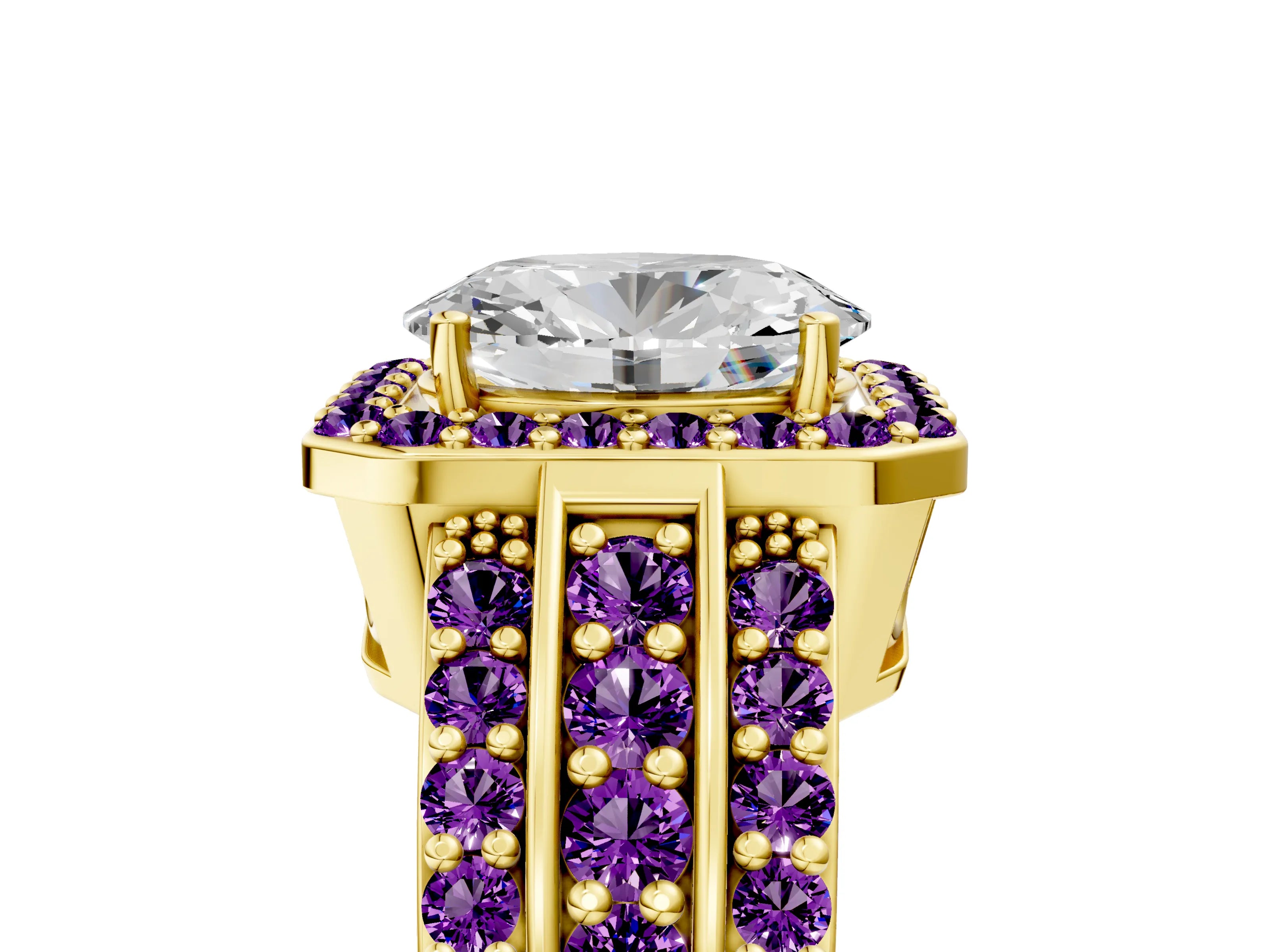 Yellow gold Oval Cut Halo Diamond Ring with Round with Amethyst side stone Split Shank and Prong Setting_5