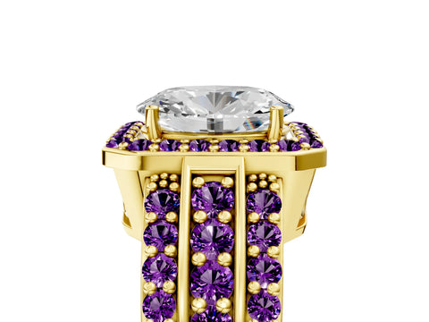 Yellow gold Oval Cut Halo Diamond Ring with Round with Amethyst side stone Split Shank and Prong Setting_5