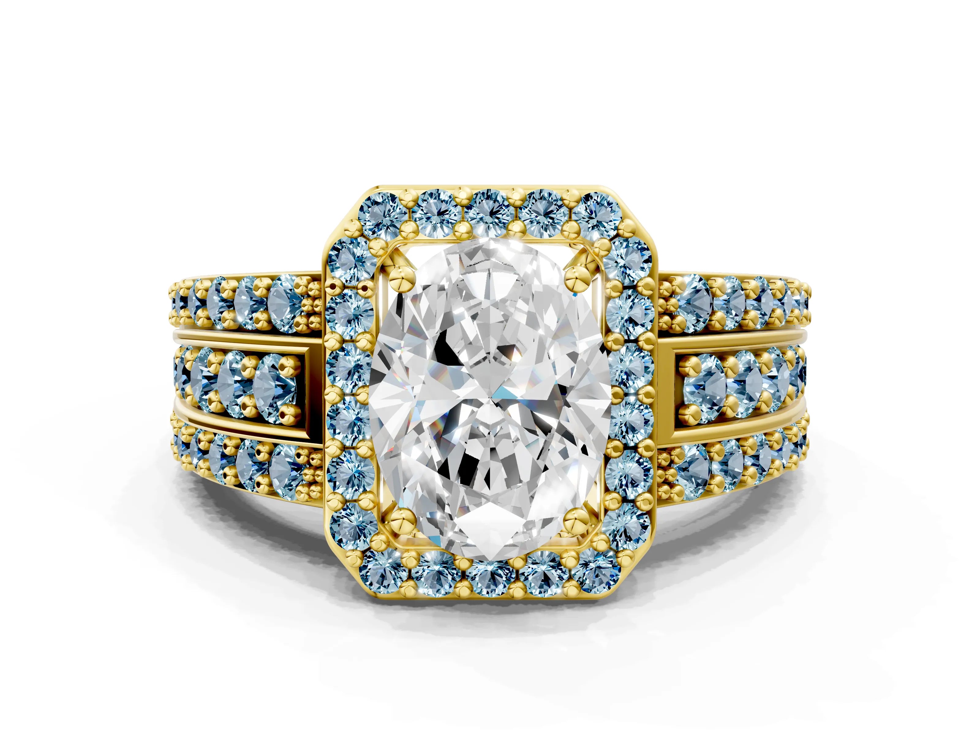 Yellow gold Oval Cut Halo Diamond Ring with Round with Aquamarine side stone Split Shank and Prong Setting