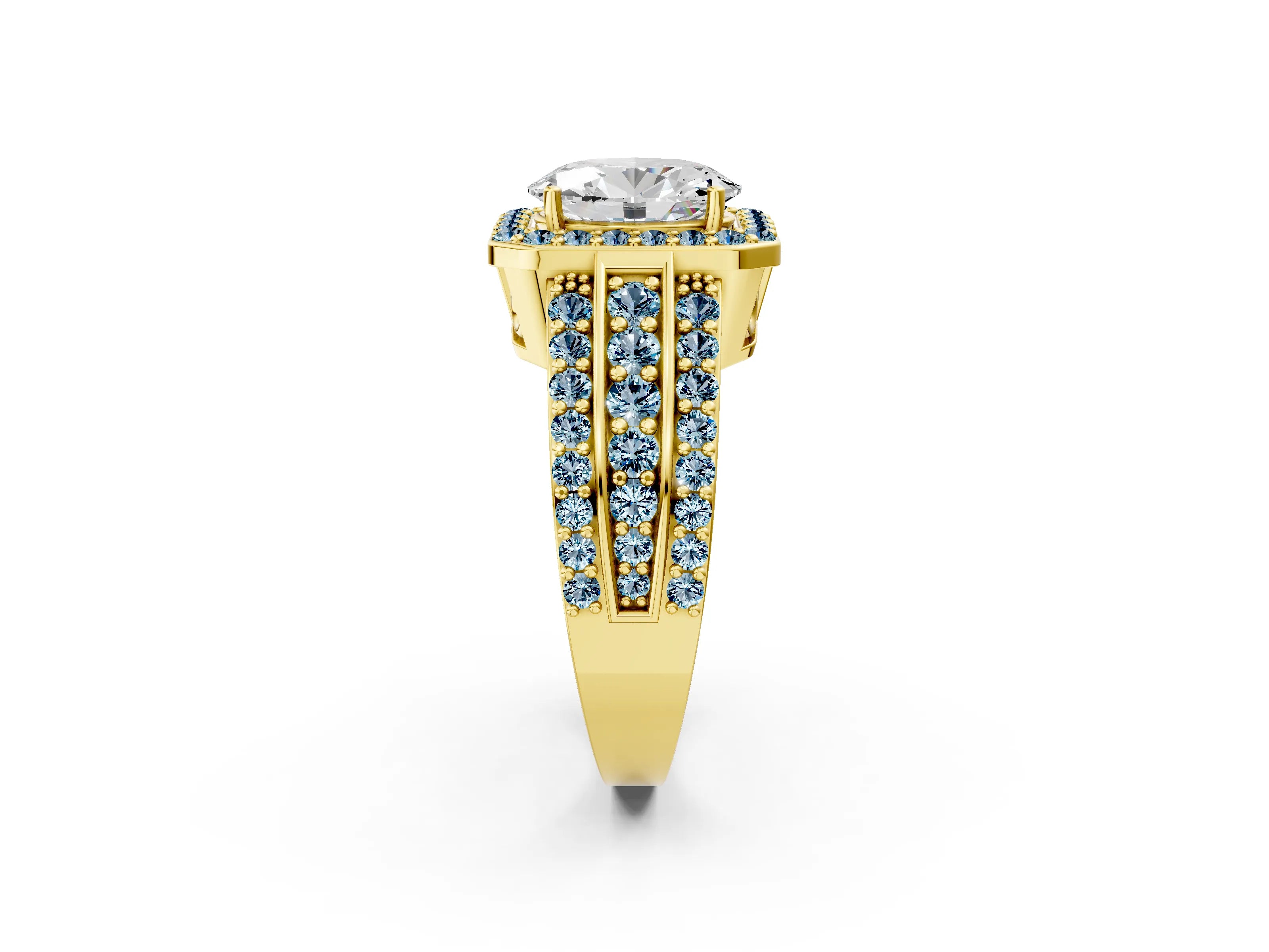 Yellow gold Oval Cut Halo Diamond Ring with Round with Aquamarine side stone Split Shank and Prong Setting_2