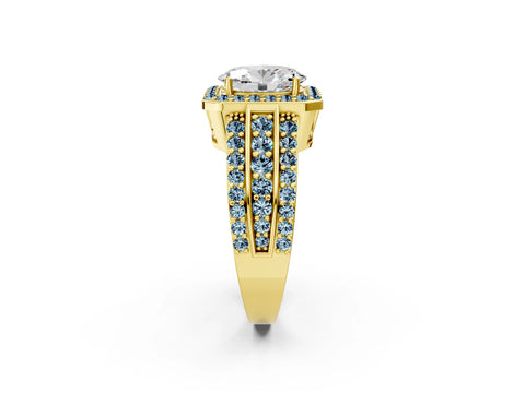 Yellow gold Oval Cut Halo Diamond Ring with Round with Aquamarine side stone Split Shank and Prong Setting_2