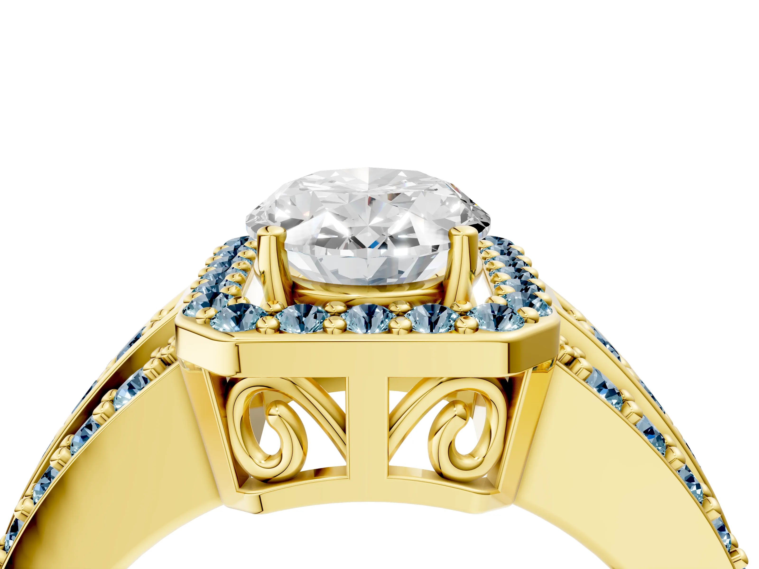 Yellow gold Oval Cut Halo Diamond Ring with Round with Aquamarine side stone Split Shank and Prong Setting_4