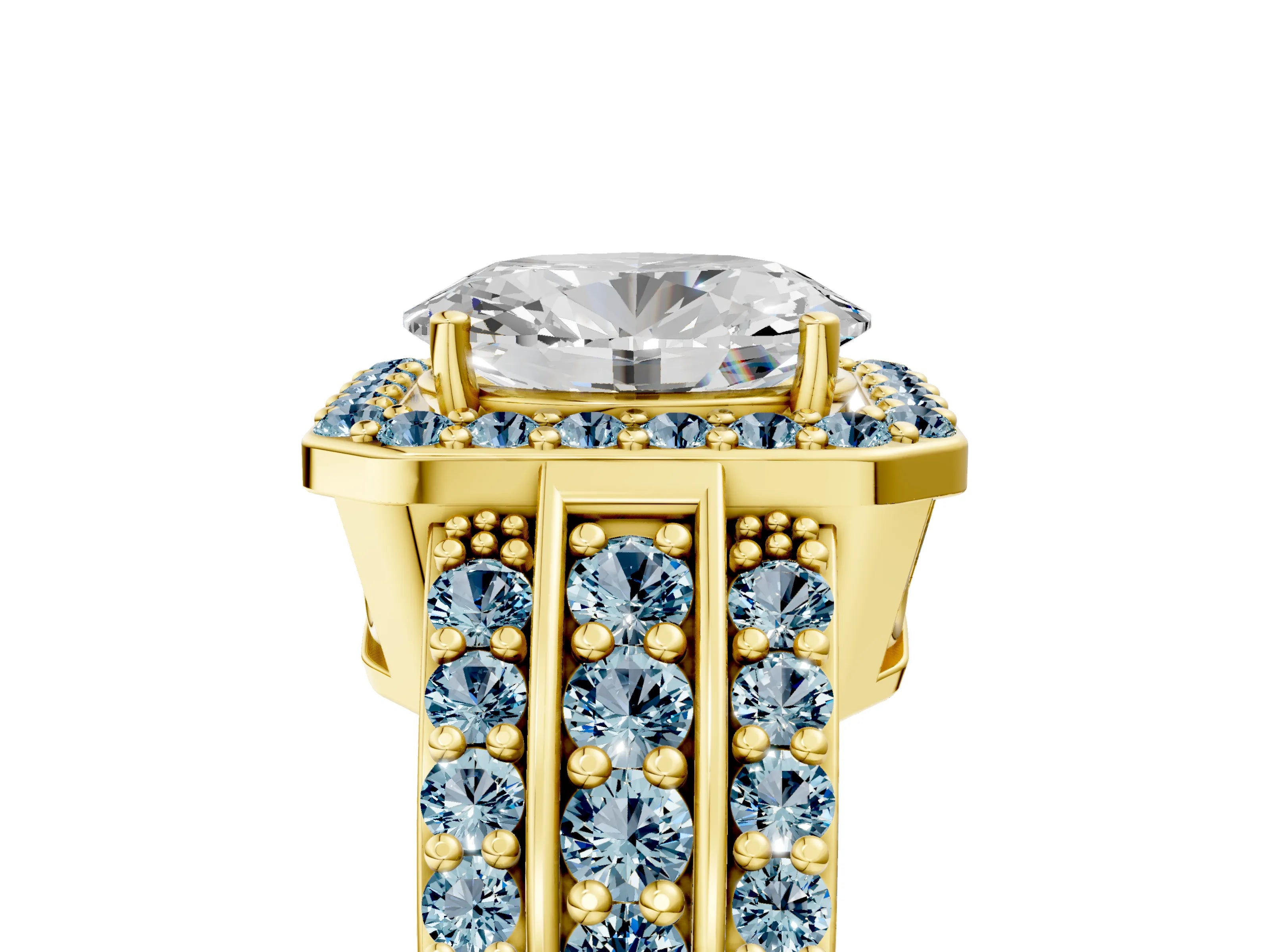 Yellow gold Oval Cut Halo Diamond Ring with Round with Aquamarine side stone Split Shank and Prong Setting_5
