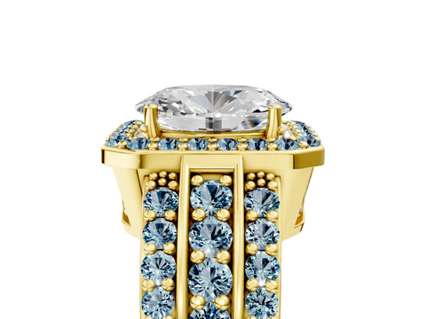 Yellow gold Oval Cut Halo Diamond Ring with Round with Aquamarine side stone Split Shank and Prong Setting_5