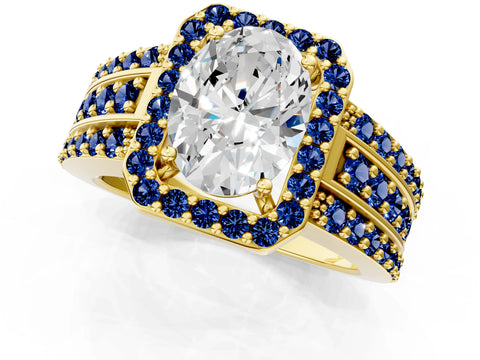 Yellow gold Oval Cut Halo Diamond Ring with Round with Blue Sapphire side stone Split Shank and Prong Setting_1