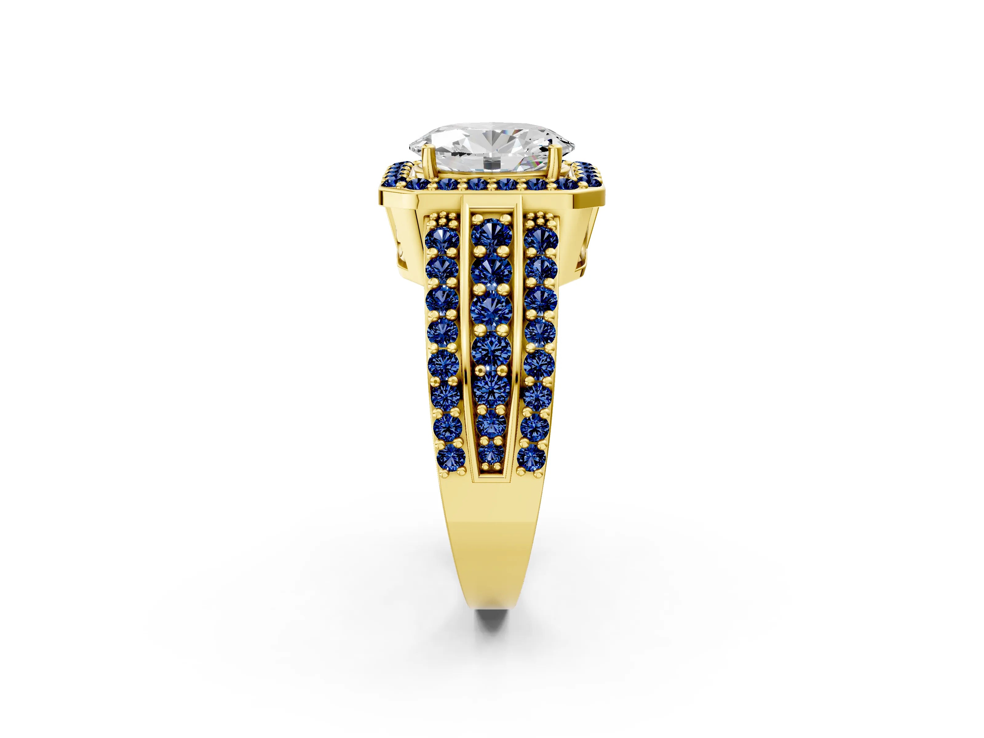 Yellow gold Oval Cut Halo Diamond Ring with Round with Blue Sapphire side stone Split Shank and Prong Setting_2
