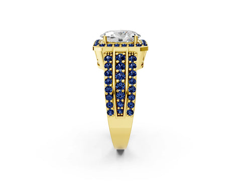 Yellow gold Oval Cut Halo Diamond Ring with Round with Blue Sapphire side stone Split Shank and Prong Setting_2