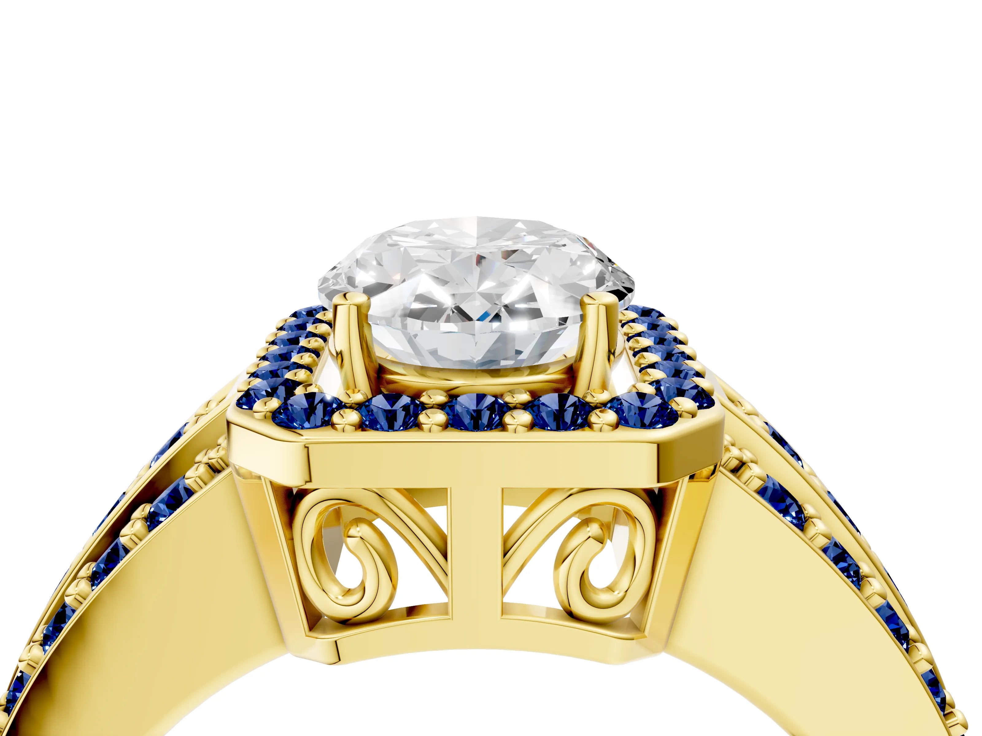 Yellow gold Oval Cut Halo Diamond Ring with Round with Blue Sapphire side stone Split Shank and Prong Setting_4