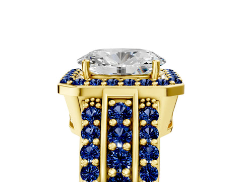 Yellow gold Oval Cut Halo Diamond Ring with Round with Blue Sapphire side stone Split Shank and Prong Setting_5