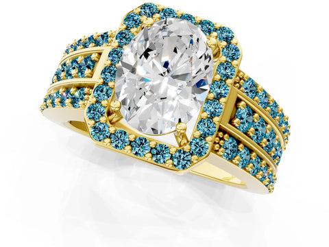 Yellow gold Oval Cut Halo Diamond Ring with Round with Blue Topaz side stone Split Shank and Prong Setting_1