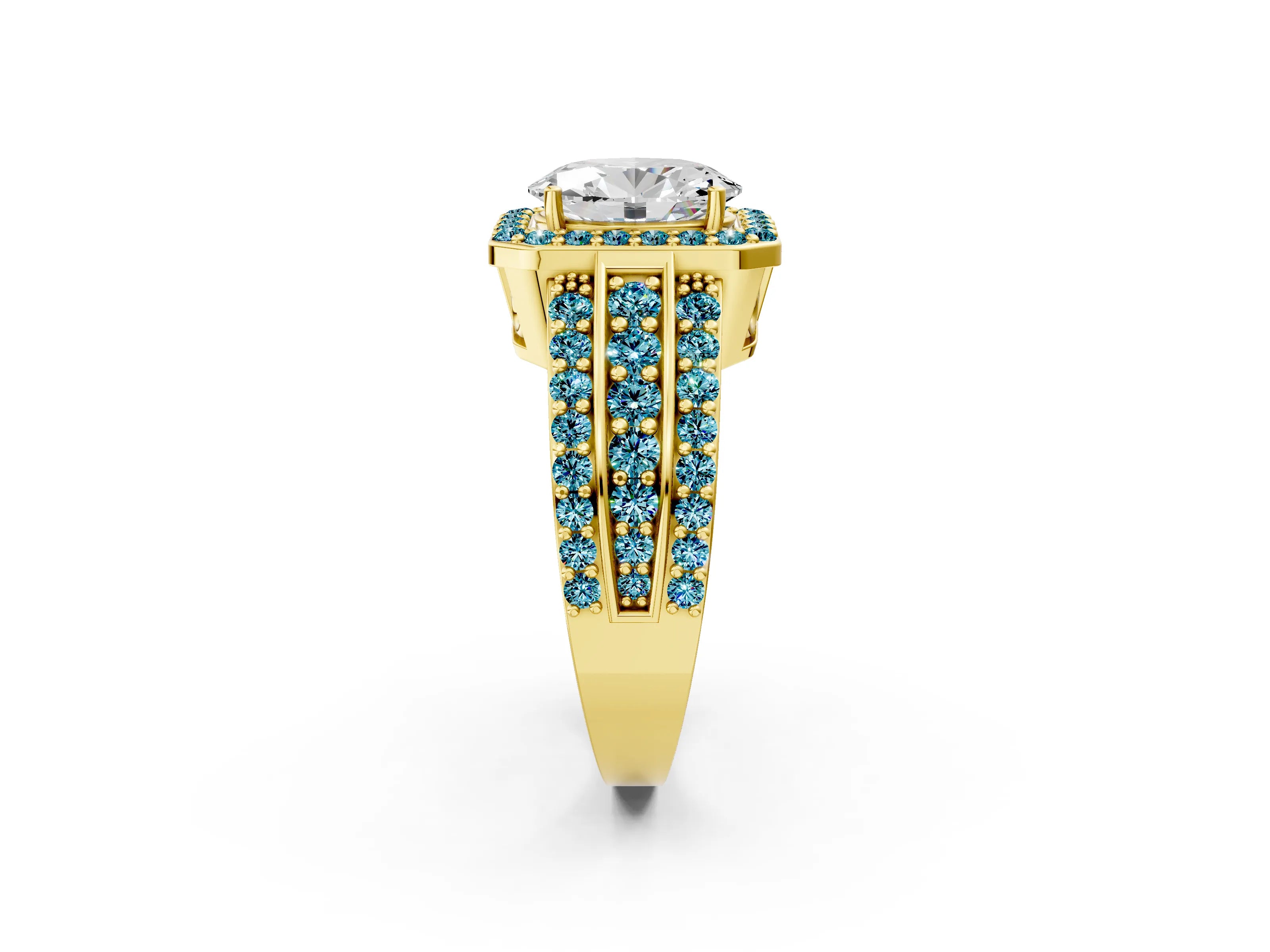 Yellow gold Oval Cut Halo Diamond Ring with Round with Blue Topaz side stone Split Shank and Prong Setting_2