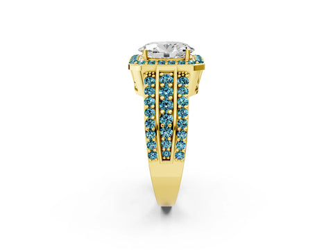 Yellow gold Oval Cut Halo Diamond Ring with Round with Blue Topaz side stone Split Shank and Prong Setting_2