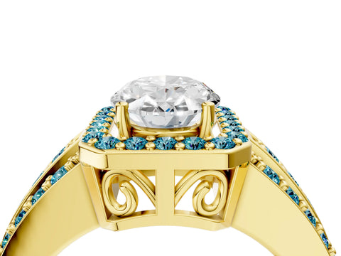 Yellow gold Oval Cut Halo Diamond Ring with Round with Blue Topaz side stone Split Shank and Prong Setting_4