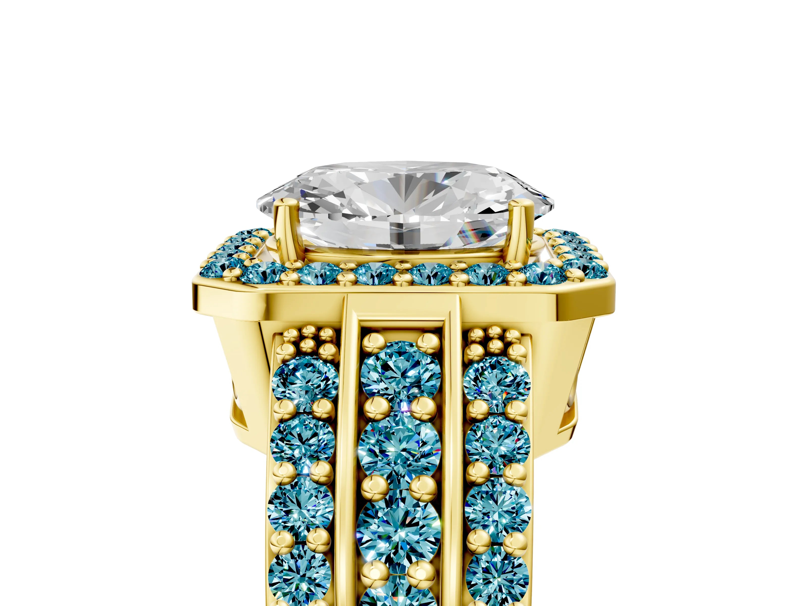 Yellow gold Oval Cut Halo Diamond Ring with Round with Blue Topaz side stone Split Shank and Prong Setting_5