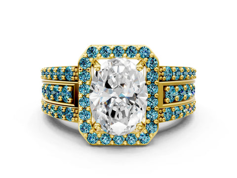Yellow gold Oval Cut Halo Diamond Ring with Round with Blue Topaz side stone Split Shank and Prong Setting