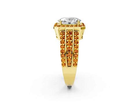 Yellow gold Oval Cut Halo Diamond Ring with Round with Citrine side stone Split Shank and Prong Setting_2