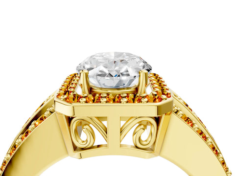 Yellow gold Oval Cut Halo Diamond Ring with Round with Citrine side stone Split Shank and Prong Setting_4
