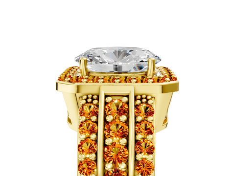 Yellow gold Oval Cut Halo Diamond Ring with Round with Citrine side stone Split Shank and Prong Setting_5