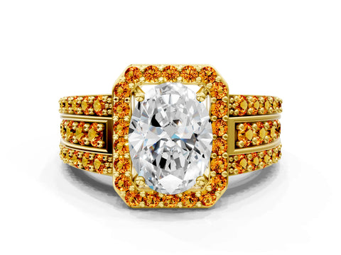 Yellow gold Oval Cut Halo Diamond Ring with Round with Citrine side stone Split Shank and Prong Setting