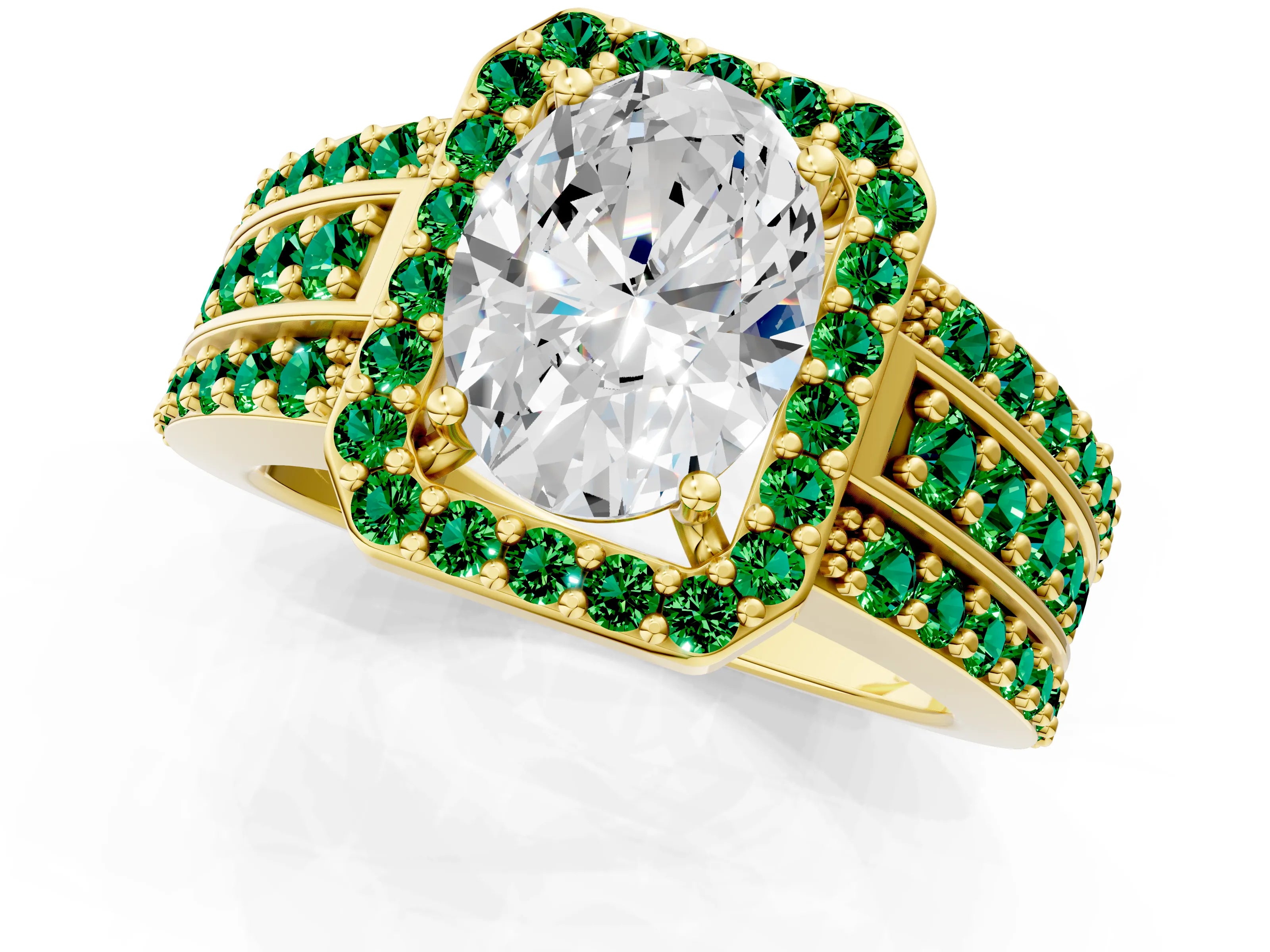 Yellow gold Oval Cut Halo Diamond Ring with Round with Emerald side stone Split Shank and Prong Setting_1
