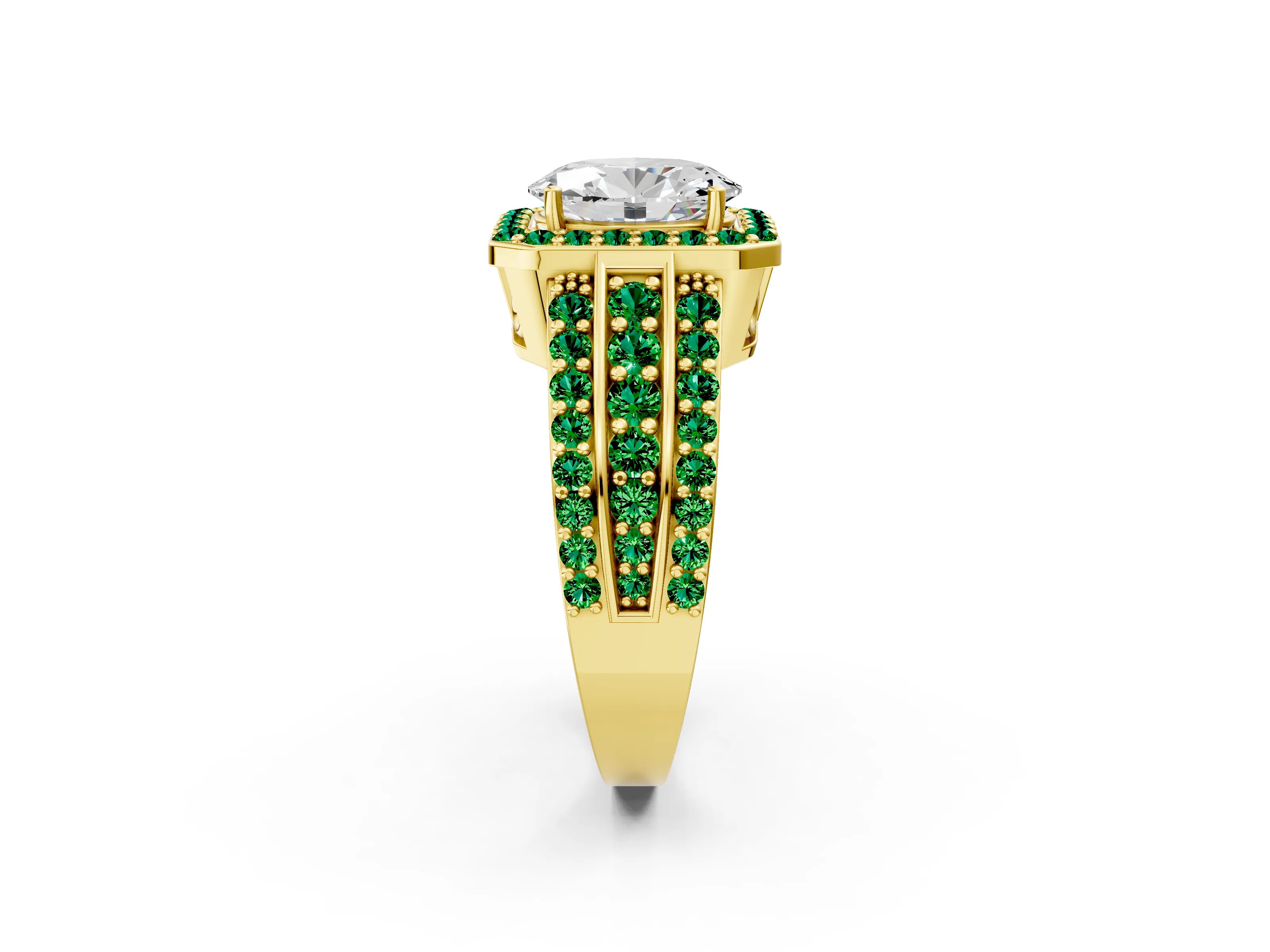 Yellow gold Oval Cut Halo Diamond Ring with Round with Emerald side stone Split Shank and Prong Setting_2