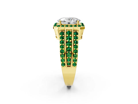 Yellow gold Oval Cut Halo Diamond Ring with Round with Emerald side stone Split Shank and Prong Setting_2